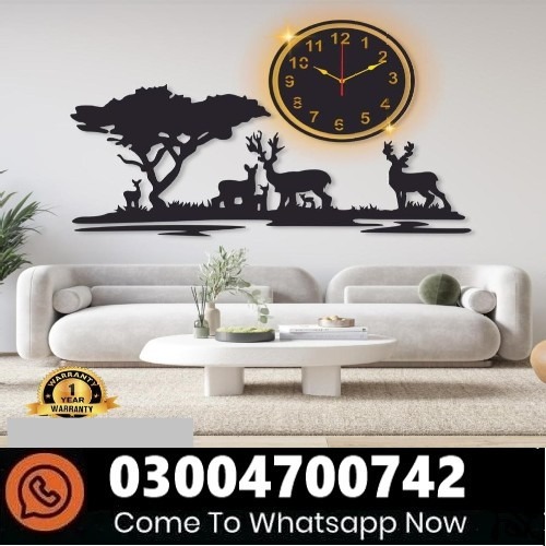 Grazing Deer Design Laminated Wall Clock Backlight In Pakistan