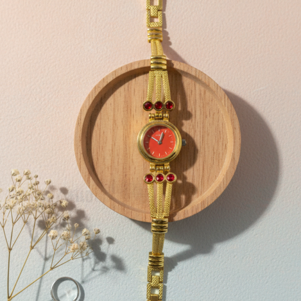 Vintage Gold-Tone Bracelet Watch with Ruby-Red Accents